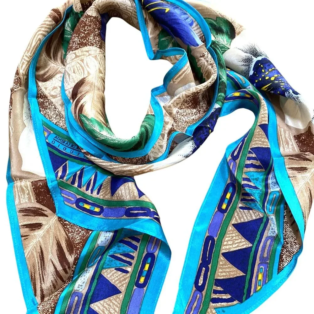 Vintage Oscar De La Renta Silk Scarf Pointy Ends Necktie Jungle Flowers Blue Tan